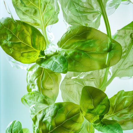 Close up of bunch of green leaves on plant in glass vase. Generative AI.の素材