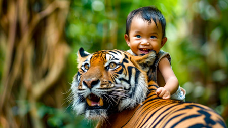 Young boy is riding on the back of tiger's head.の素材