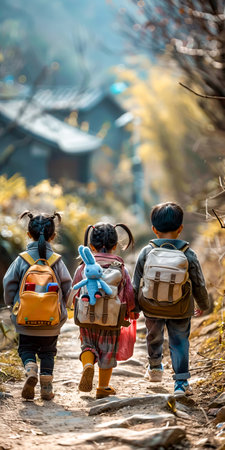 Group of children walking down path with backpacks and stuffed animal.の素材
