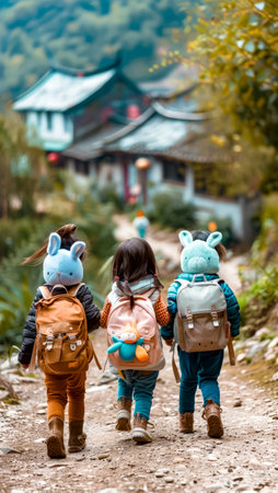 Two children walking down path with backpacks and backpacks on their backs.の素材