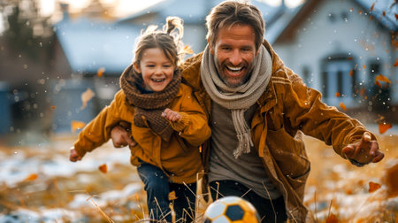 Man and little girl playing with soccer ball in the snow.の素材