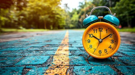 Yellow alarm clock sitting on the side of road with trees in the background.の素材