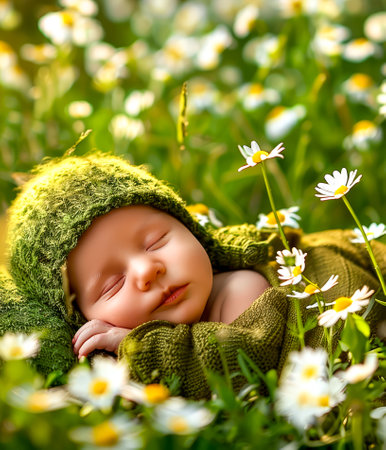 Baby sleeping in field of daisies with green hat on.の素材