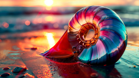 A colorful plastic tube floating on top of a beach at sunset.の素材