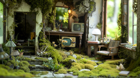 A miniature room with moss covered walls and a small garden.の素材