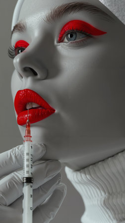 A woman with red lipstick and a syringe in her hand.の素材