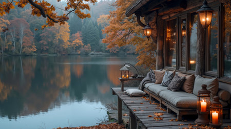 A wooden deck with a couch and lanterns on it next to a lake.の素材