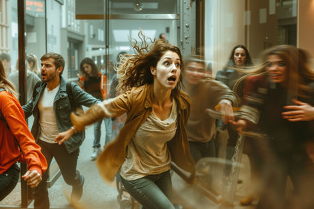A group of people running through a glass door.の素材