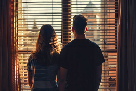 A man and a woman standing in front of a window looking out the window.の素材