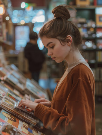 A woman looking at cds in a record store.の素材