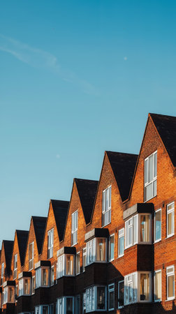 A row of brick houses with a blue sky in the background.の素材