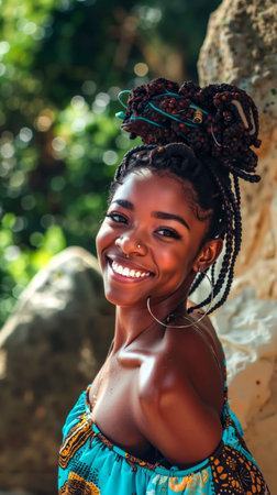 A smiling woman in a blue dress with a flower in her hair.の素材