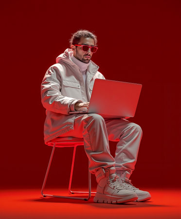 A man in a white jacket and sunglasses is sitting on a stool in front of a red laptopの素材