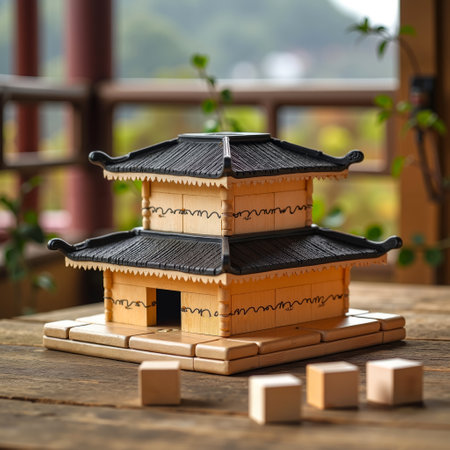 A miniature wooden temple with a black roof and a small doorway, sitting on a wooden tableの素材