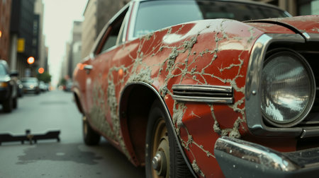 A red car with a cracked paint job parked on a city streetの素材