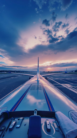 The image is a photograph taken from the cockpit of an airplane, showing the view of the runway and the sky during sunsetの素材