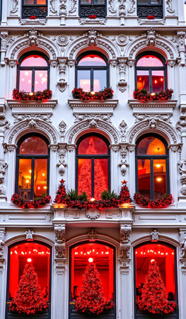 A building with a series of arched windows each adorned with red decorations that resemble Christmas treesの素材
