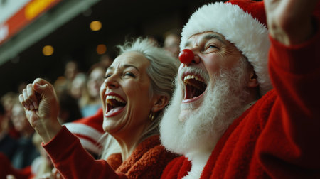 A man and woman in Santa costumes are laughing and cheering at a sports eventの素材