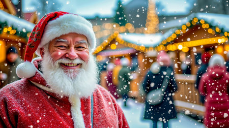 A man dressed as Santa Claus is smiling and looking at the camera surrounded by a snowy environment with other people in the backgroundの素材