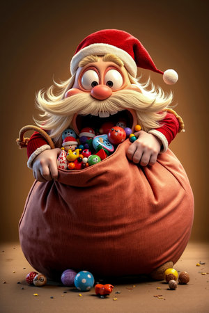 A cartoon Santa Claus with a beard and a red hat holding a large sack filled with colorful Christmas ornamentsの素材