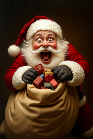 A man dressed as Santa Claus is holding a bag full of colorful blocksの素材