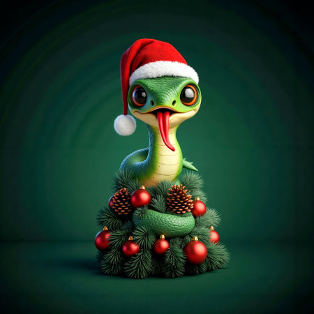 A green snake wearing a red Santa hatの素材