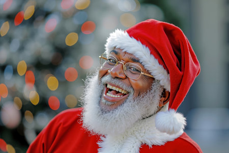 A man wearing glasses and a red Santa hat is laughingの素材