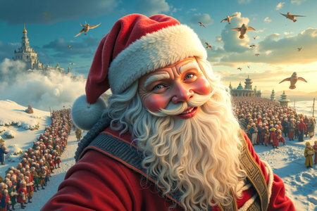 A digital illustration of a jovial Santa Claus with a red hat and beard surrounded by a crowd of people and flying birds set against a snowy landscape with a castle in the backgroundの素材