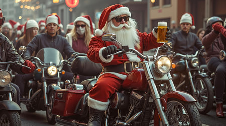 A man dressed as Santa Claus is riding a red motorcycle in a parade holding a beerの素材