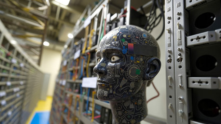 A statue of a head with a brain surrounded by computer equipmentの素材