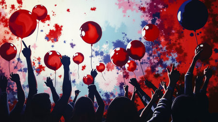 A vibrant and colorful painting of a crowd of people reaching up towards a sky filled with red balloonsの素材