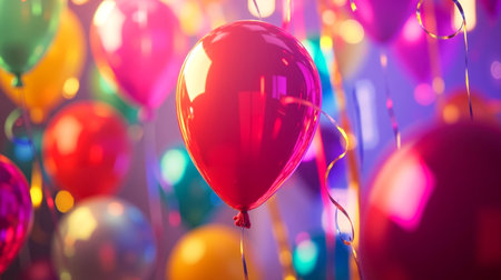 A vibrant and colorful display of balloons with a red heart-shaped balloon floating in the centerの素材