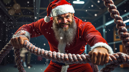 A man in a Santa Claus costume is holding a rope with both hands and smilingの素材