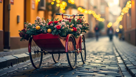 A red bicycle with a basket of flowers on the front parked on a cobblestone street at nightの素材