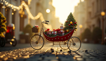A red bicycle with a basket of flowers and a Christmas tree on the back parked on a cobblestone streetの素材