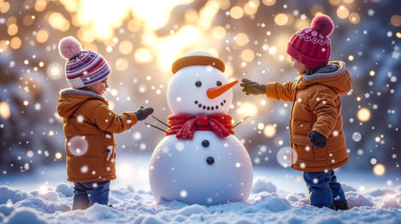 Two children in winter coats are playing with a snowman in a snowy landscapeの素材
