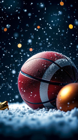 A red basketball with a white stripe on it sitting on a snowy surface with snowflakes falling around itの素材
