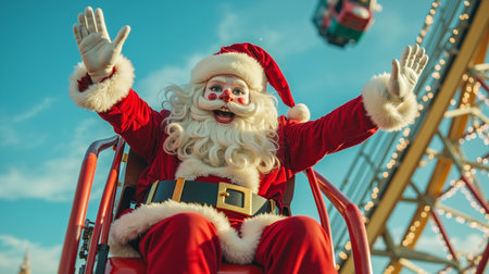A person dressed as Santa Claus is riding a roller coaster waving and smilingの素材
