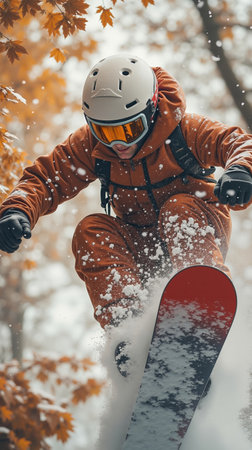A snowboarder in an orange snowsuit is captured mid-air performing a trick with a red snowboardの素材