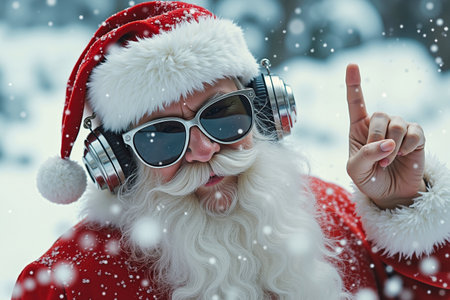 A man dressed as Santa Claus wearing headphones and sunglasses pointing his fingerの素材