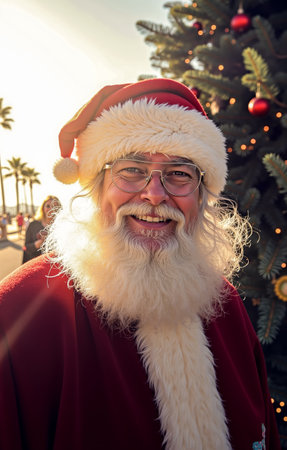 A man wearing a Santa Claus costume is smiling and posing in front of a Christmas treeの素材