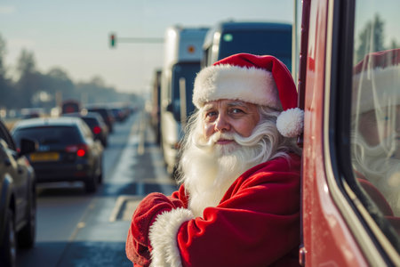 A man dressed as Santa Claus is leaning out of a bus window looking to his rightの素材