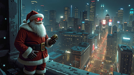 A digital artwork of a Santa Claus figure standing on a rooftop overlooking a futuristic cityscape at nightの素材