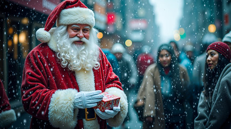 Santa Claus in red suit and hat holding a gift box surrounded by people in a snowy city streetの素材