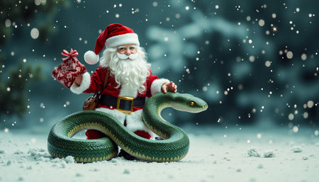 A digital illustration of a jovial Santa Claus holding a green snakeの素材