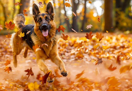 This is an image of a German Shepherd dog running through a forest with autumn leavesの素材