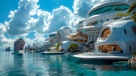 This image depicts a futuristic city built on waterの素材