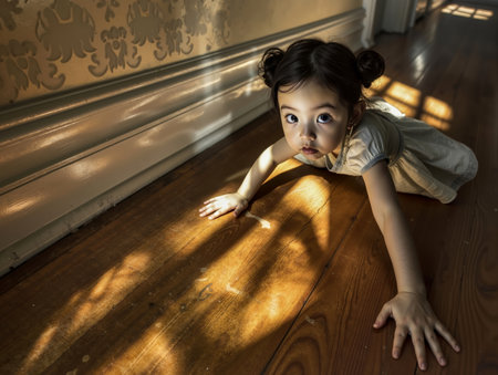 This is a beautiful image of a young girl lying on a wooden floor looking up with a curious or perhaps a little concerned expressionの素材