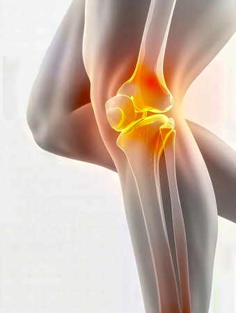 This is a 3D rendering of a human knee joint with a focus on the patella or kneecapの素材