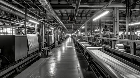This is a black and white photograph of an industrial setting likely a factory or manufacturing plantの素材